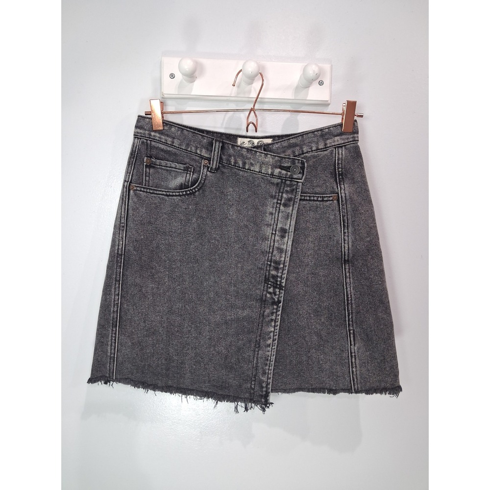 We The Free Free People Black Acid Wash Asymmetrical Wrap Denim Mini Skirt 28